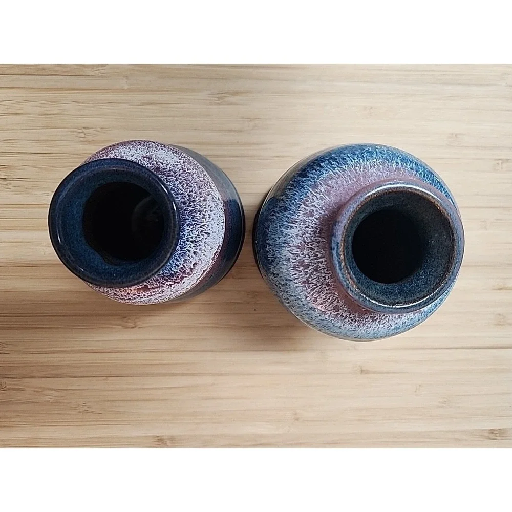 2 Vtg Stoneware Pottery Bud Vases Hand Turned Artist Signed Blue Drip Glaze 5